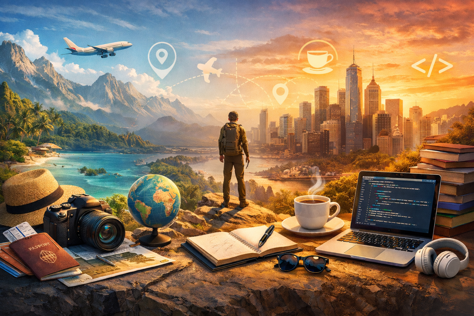 Travel and lifestyle blog banner featuring a traveler, nature, city skyline, and creative tools like a camera and laptop.